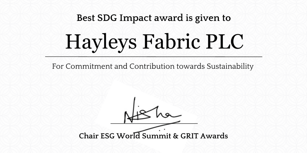 Hayleys Fabric recognised on global stage Awarded Best SDG Impact at ESG World Summit and GRIT Awards