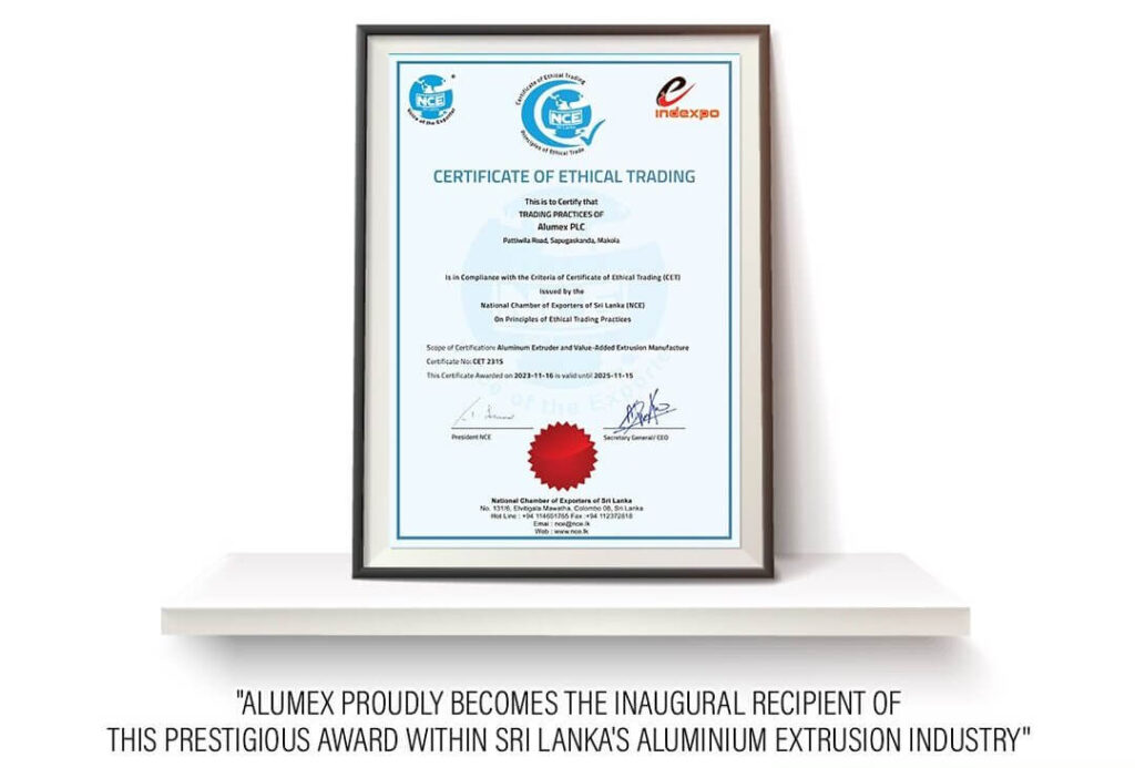 ‘Certificate of Ethical Trading’ - Alumex PLC