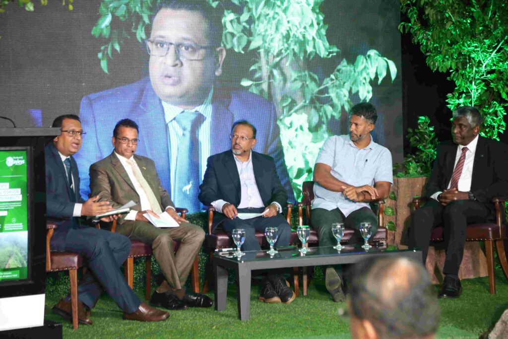 Panel discussion on OECMs and Halgolla’s biodiversity and conservation efforts, moderated by Prof. Sandun Perera (far left) with the participation of (from left) Senior Policy Advisor of Agriculture, Embassy of the Kingdom of the Netherlands - Sri Lanka, Nishan Dissanayake, Senior Professor of Crop Science, University of Peradeniya Prof. Gamini Pushpakumara, Professor, Department of Civil Engineering, University of Moratuwa Prof. Rangika Halwatura and Senior Professor in Zoology, University of Colombo Prof. Devaka Weerakoon.